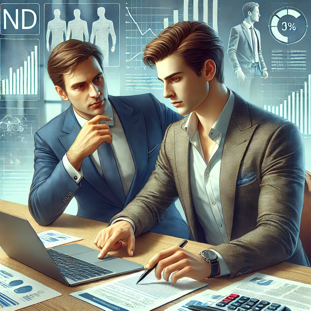 Imagem de uma pessoa tomando uma decisão financeira com um consultor